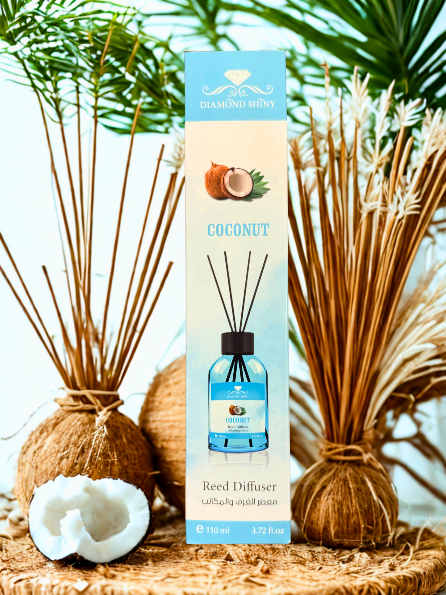 Diamond Shiny Reed Diffuser Sets - Coconut - Scented Oil & Natural Sticks for Continuous Fragrance Release - Safe Home Decor for Living Room, Bedroom, Bathroom, or Office
