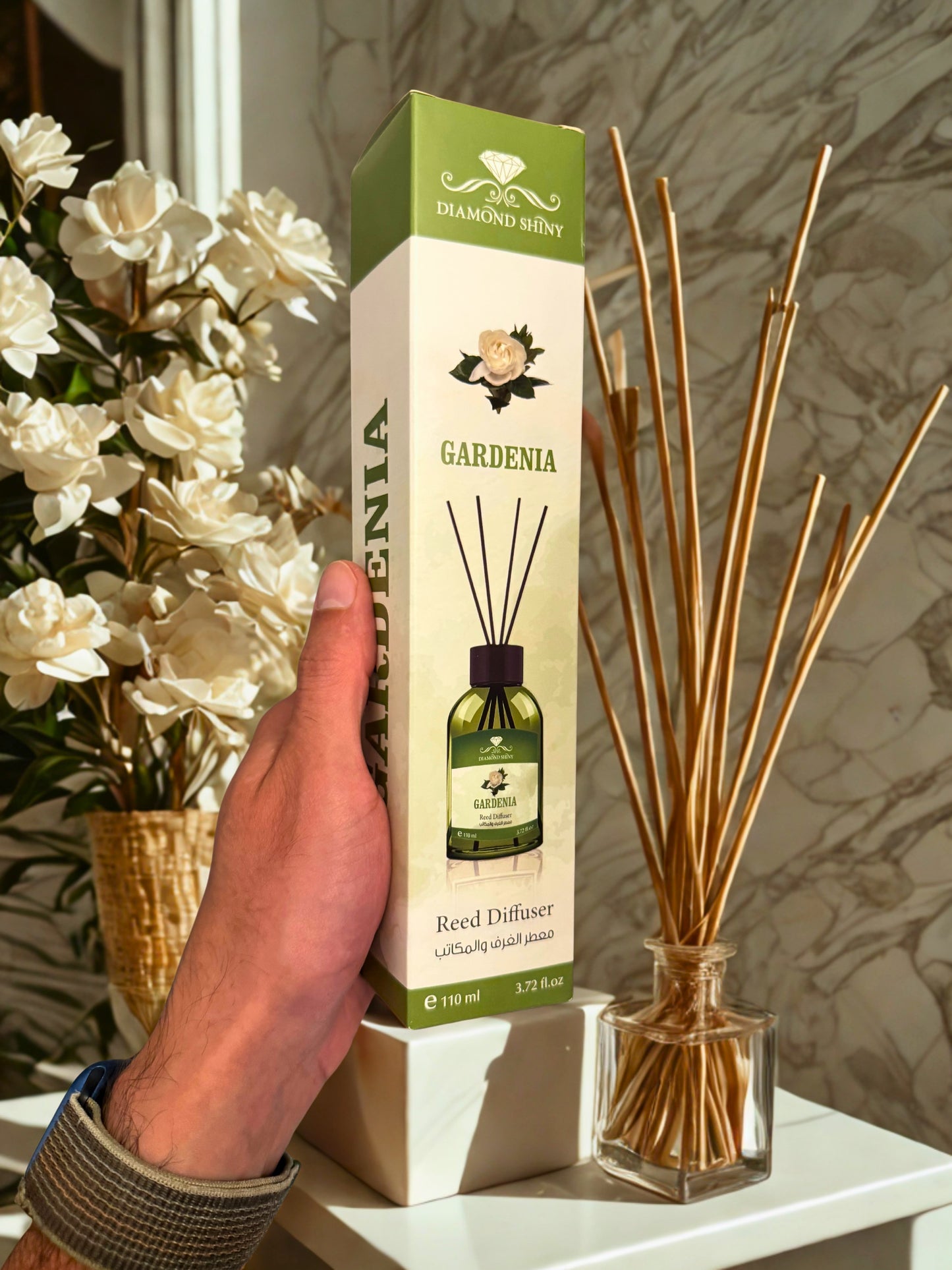 Diamond Shiny Reed Diffuser Sets - Gardenia - Scented Oil & Natural Sticks for Continuous Fragrance Release - Safe Home Decor for Living Room, Bedroom, Bathroom, or Office