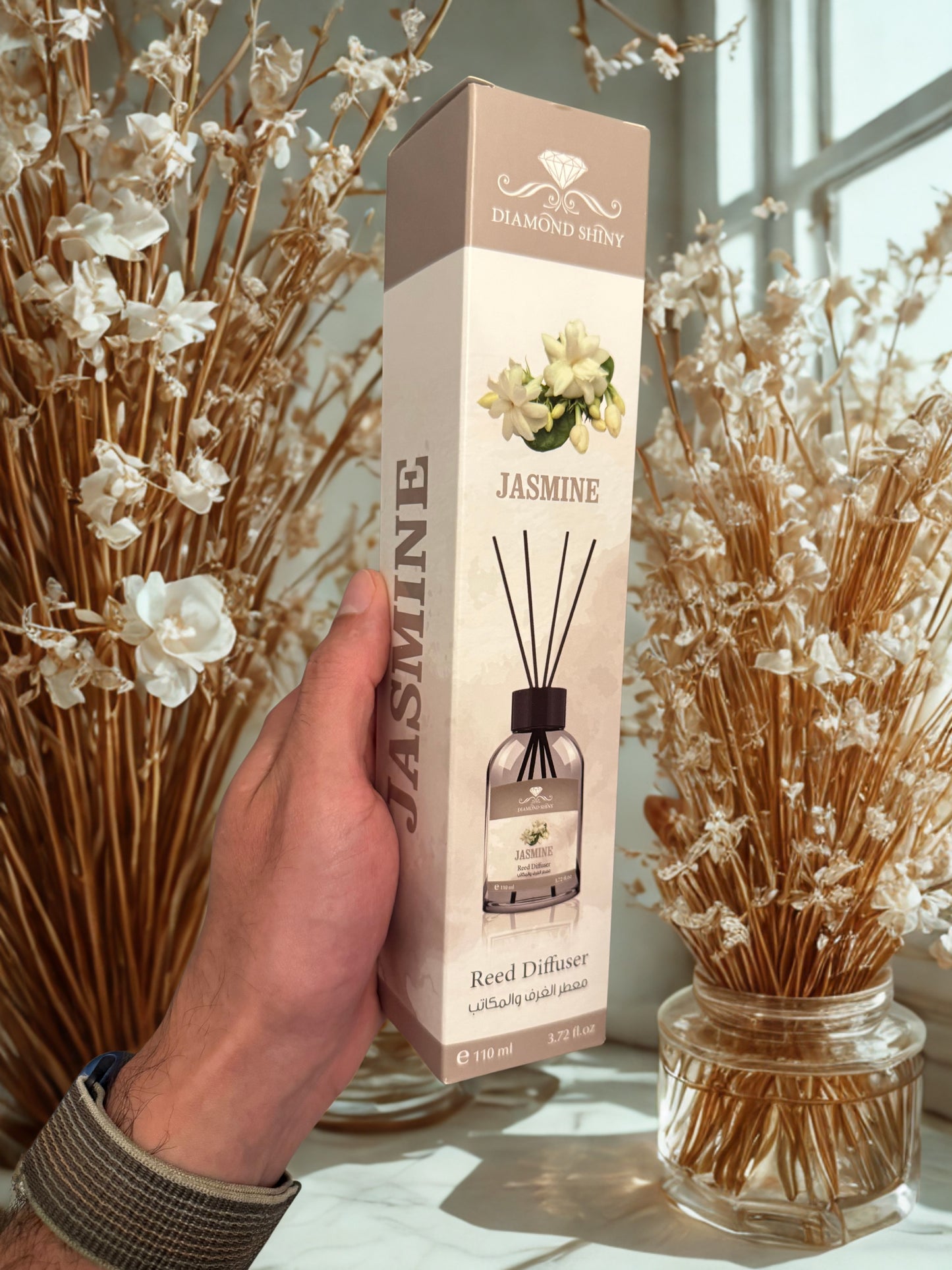 Diamond Shiny Reed Diffuser Sets - Jasmine - Scented Oil & Natural Sticks for Continuous Fragrance Release - Safe Home Decor for Living Room, Bedroom, Bathroom, or Office