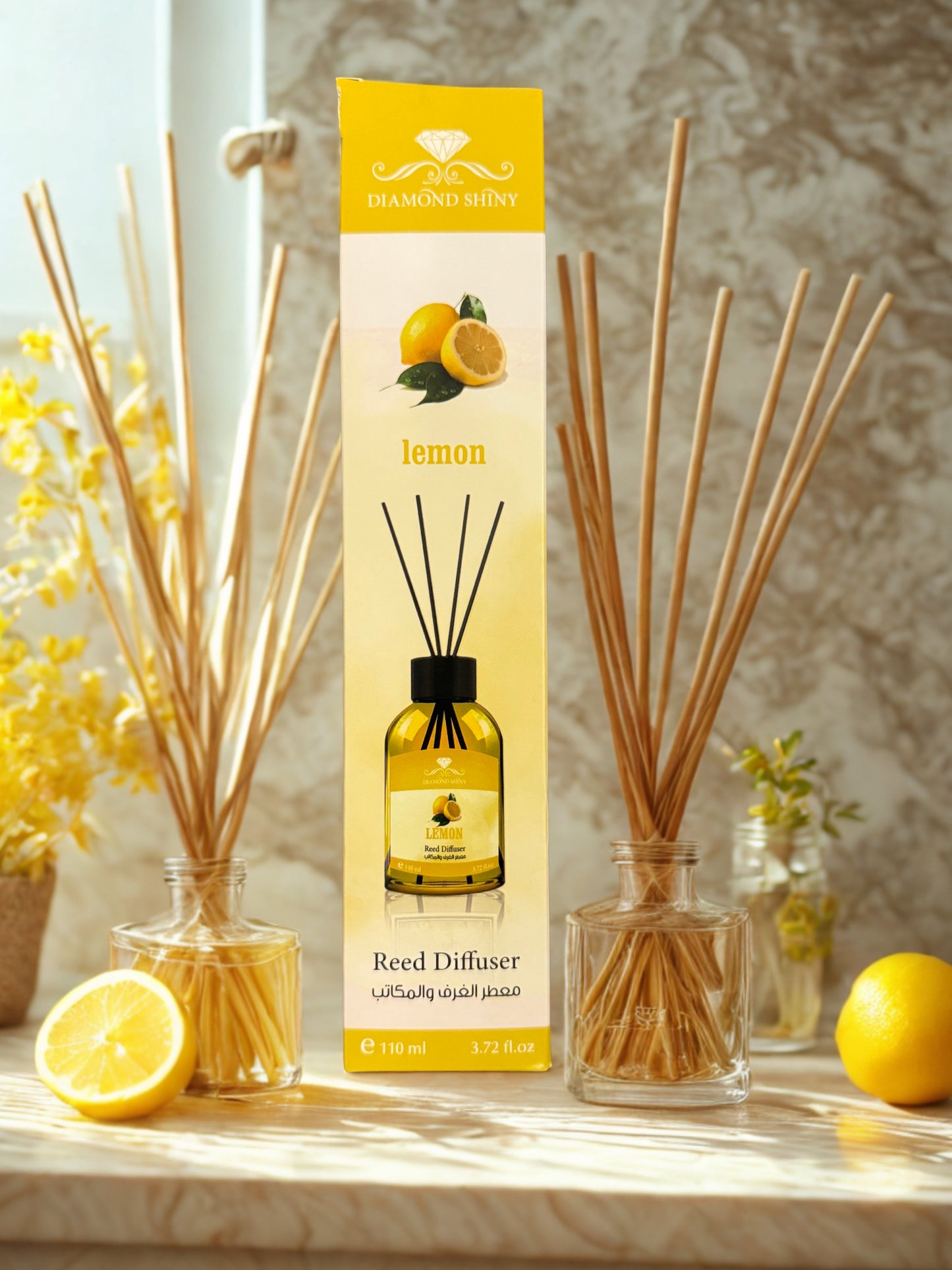 Diamond Shiny Reed Diffuser Sets - Lemon - Scented Oil & Natural Sticks for Continuous Fragrance Release - Safe Home Decor for Living Room, Bedroom, Bathroom, or Office