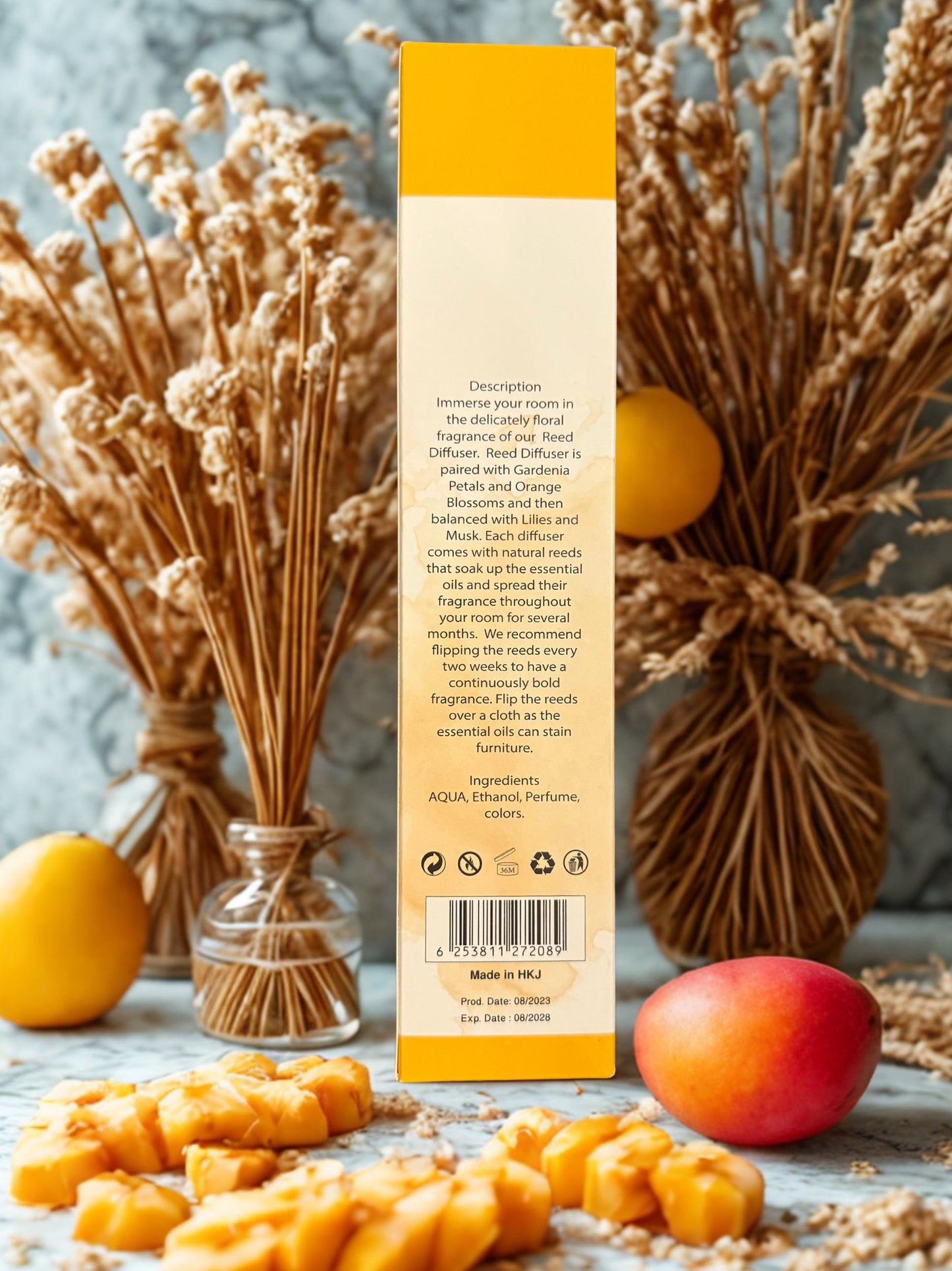 Diamond Shiny Reed Diffuser Sets - Mango - Scented Oil & Natural Sticks for Continuous Fragrance Release - Safe Home Decor for Living Room, Bedroom, Bathroom, or Office