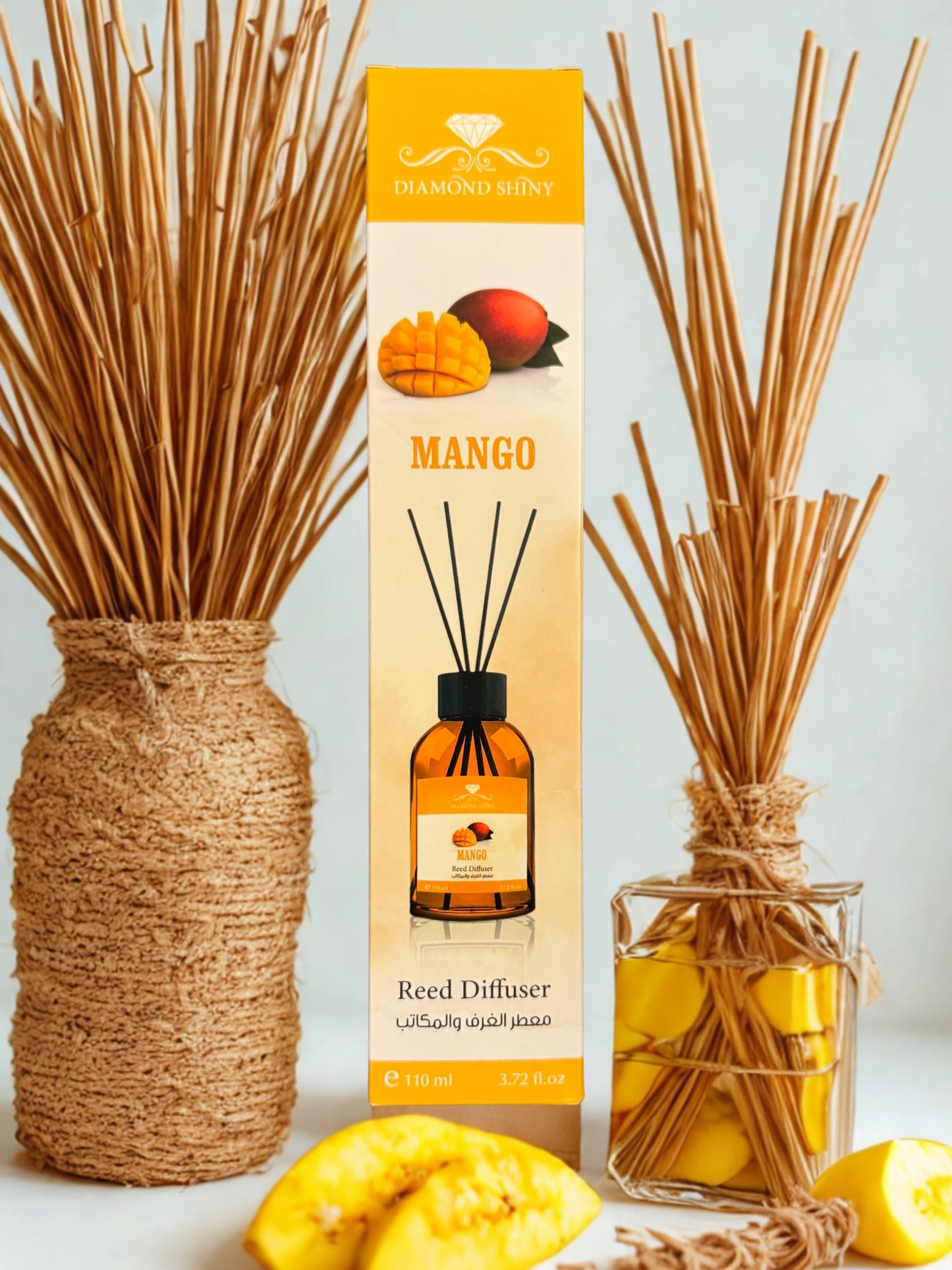 Diamond Shiny Reed Diffuser Sets - Mango - Scented Oil & Natural Sticks for Continuous Fragrance Release - Safe Home Decor for Living Room, Bedroom, Bathroom, or Office