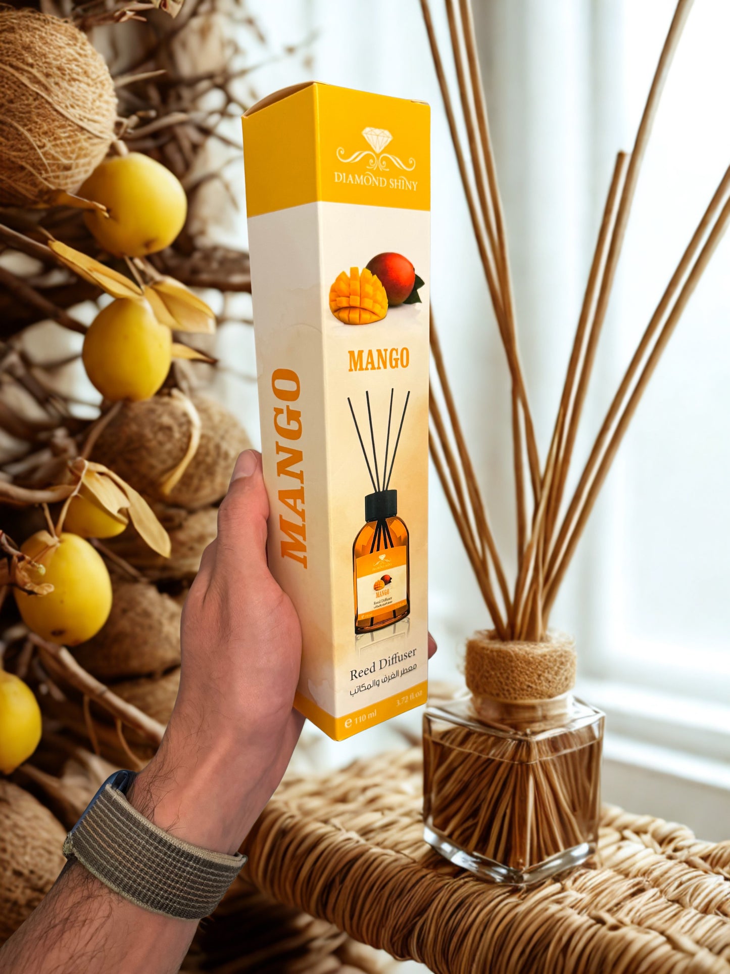 Diamond Shiny Reed Diffuser Sets - Mango - Scented Oil & Natural Sticks for Continuous Fragrance Release - Safe Home Decor for Living Room, Bedroom, Bathroom, or Office