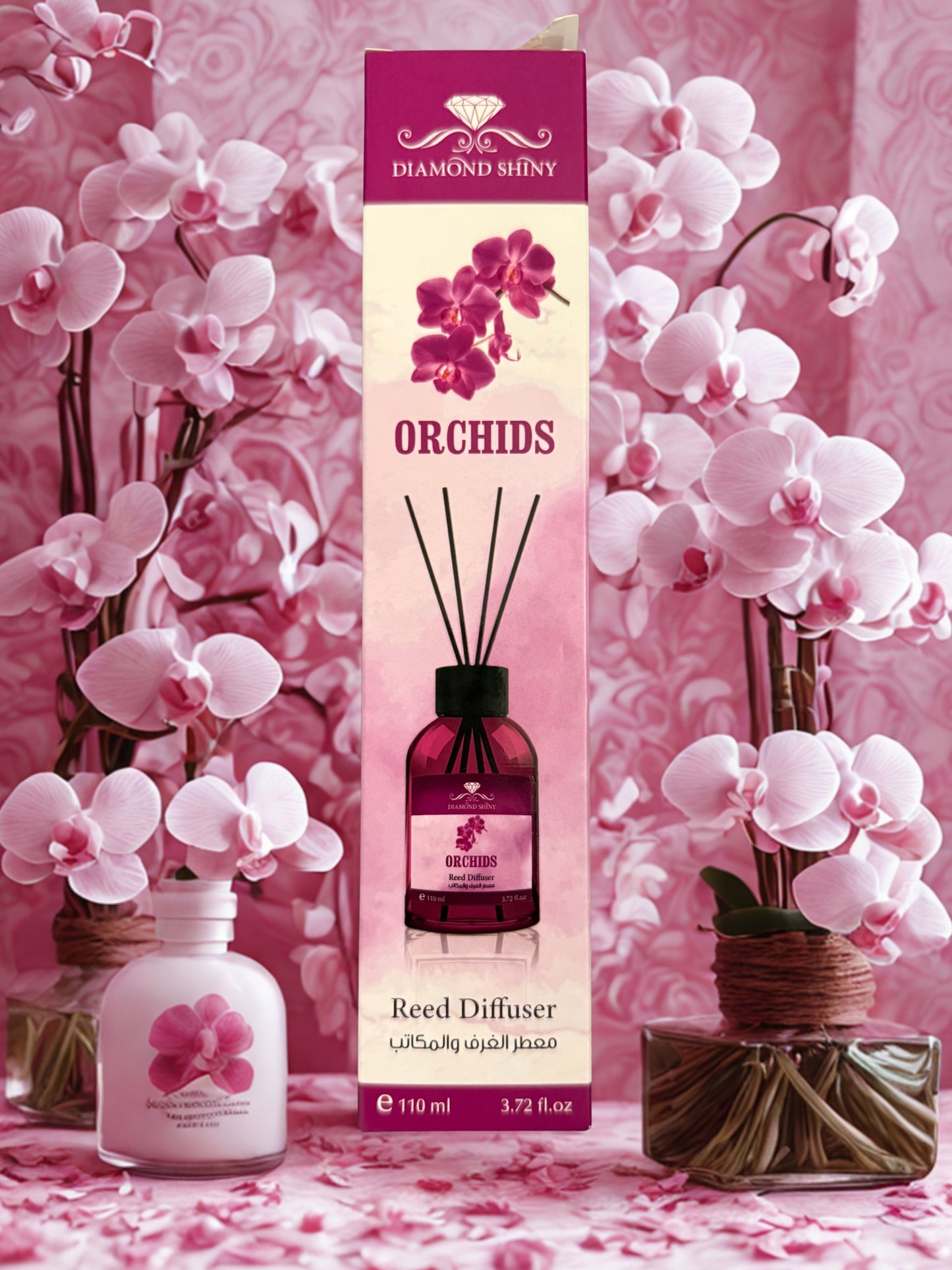 Diamond Shiny Reed Diffuser Sets - Orchid - Scented Oil & Natural Sticks for Continuous Fragrance Release - Safe Home Decor for Living Room, Bedroom, Bathroom, or Office