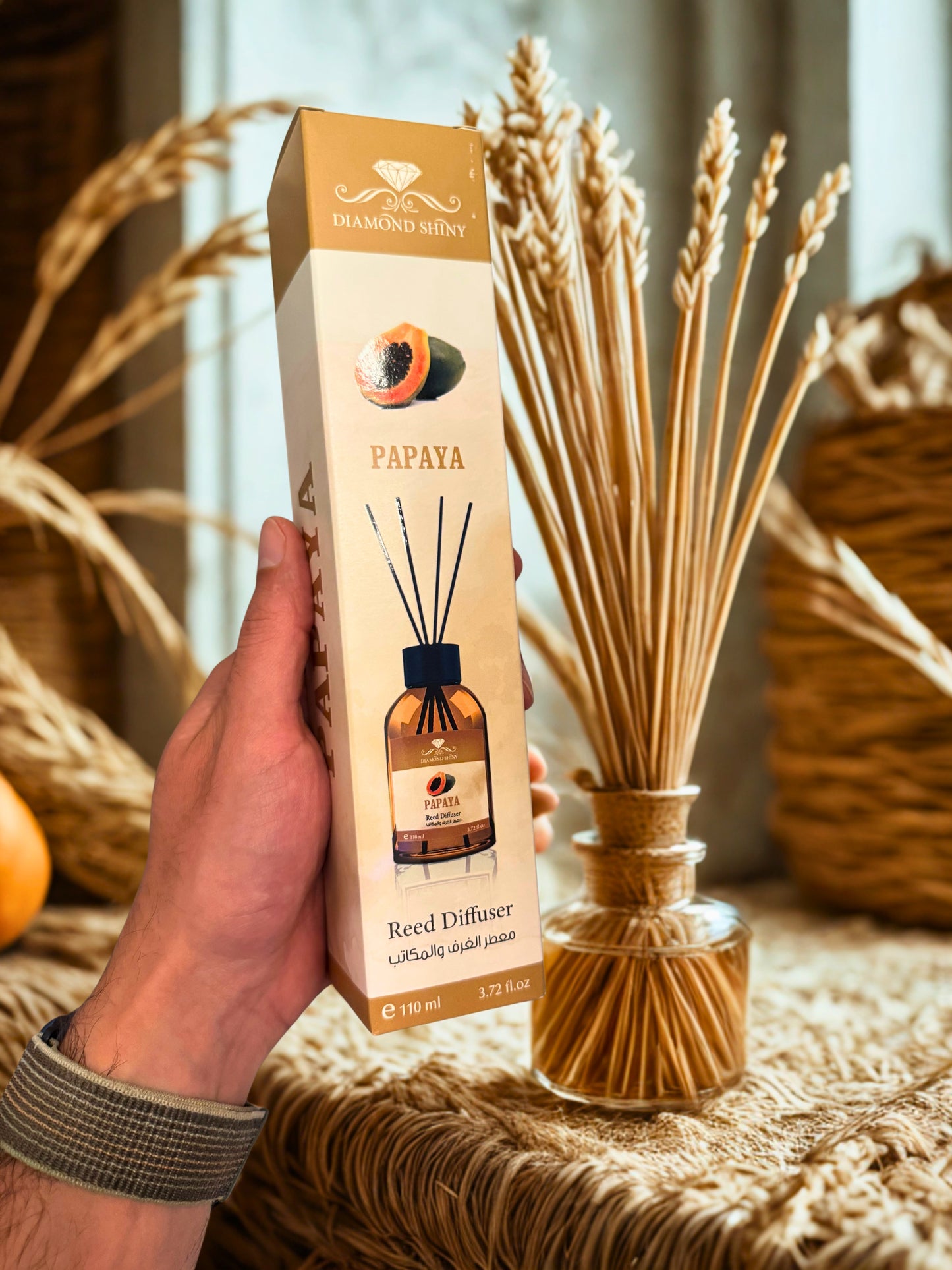 Diamond Shiny Reed Diffuser Sets - Papaya - Scented Oil & Natural Sticks for Continuous Fragrance Release - Safe Home Decor for Living Room, Bedroom, Bathroom, or Office