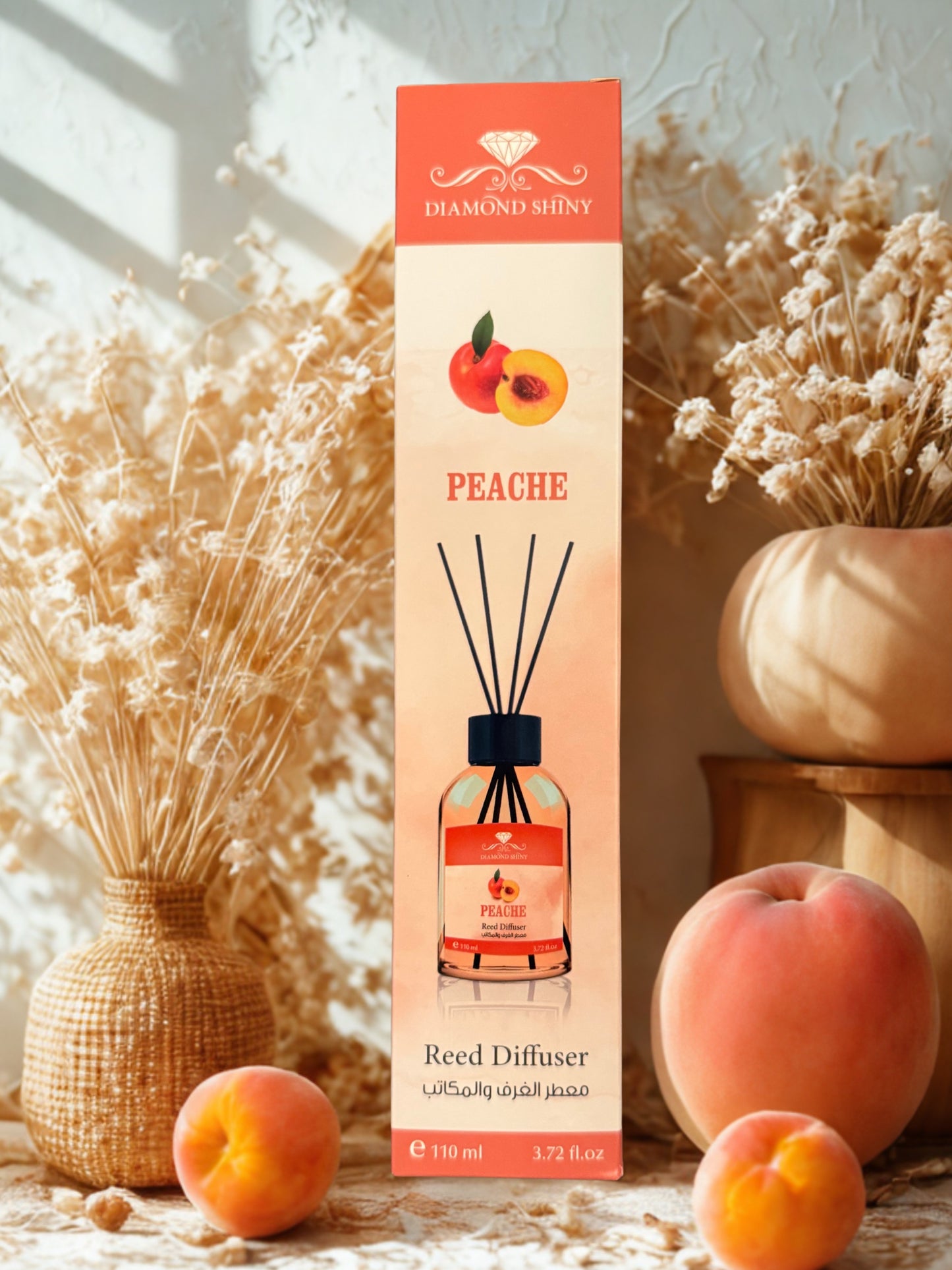 Diamond Shiny Reed Diffuser Sets - Peach - Scented Oil & Natural Sticks for Continuous Fragrance Release - Safe Home Decor for Living Room, Bedroom, Bathroom, or Office